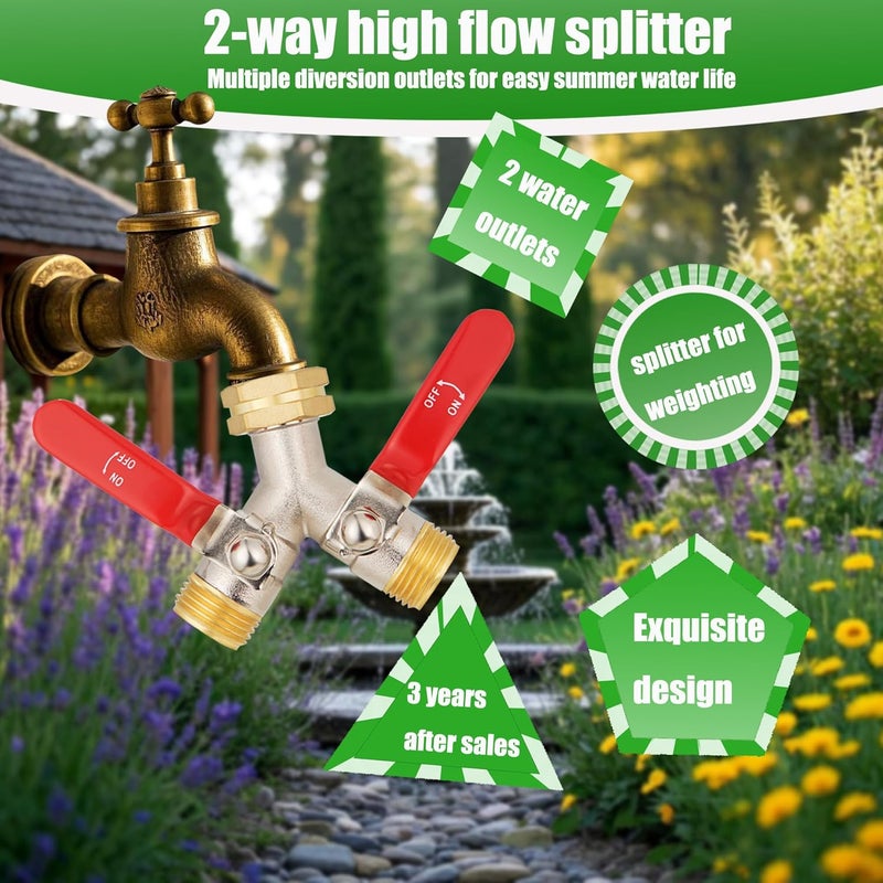 EJW Brass Hose Splitter, High Flow Splitters, Garden Hose Splitter, 2 Way Water Splitter, Faucet Splitter, Heavy Duty Splitter, Valve 3/4 Inch GHT Thread - Image 3